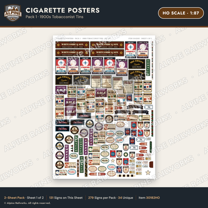 Alpine Railworks 30182HO HO Scale Cigarette Posters - Tobacconist Tins