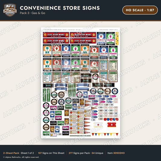 Alpine Railworks 30502HO HO Scale Convenience Store Signs - Gas & Go