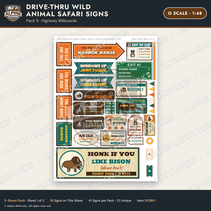 Alpine Railworks 31126O O Scale Roadside Signs - Drive-Thru Safari