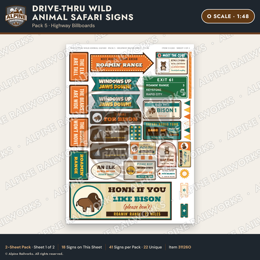 Alpine Railworks 31126O O Scale Roadside Signs - Drive-Thru Safari