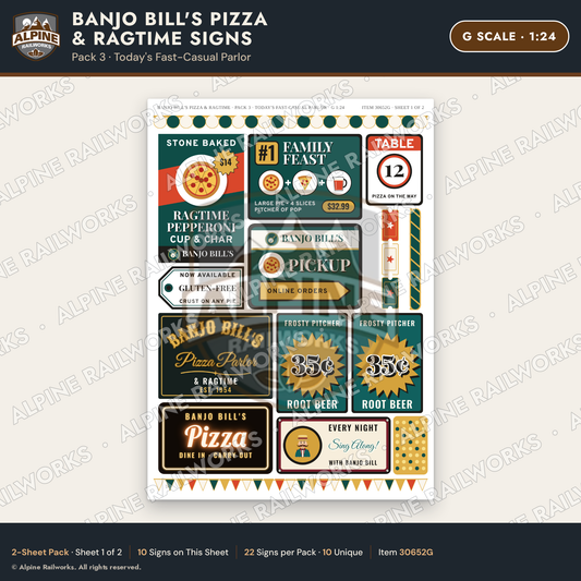 Alpine Railworks 30652G G Scale Restaurant Signs - Pizza & Music Hall
