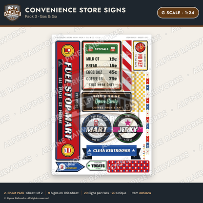 Alpine Railworks 30502G G Scale Convenience Store Signs - Gas & Go