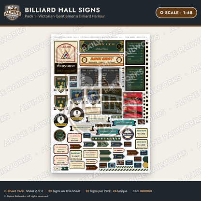 Alpine Railworks 30098O O Scale Billiard Hall Signs
