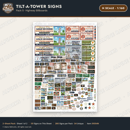 Alpine Railworks 31054N N Scale Roadside Signs - Leaning Tower