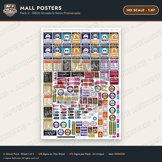 Alpine Railworks 30195HO HO Scale Mall Posters - 1980s Arcade