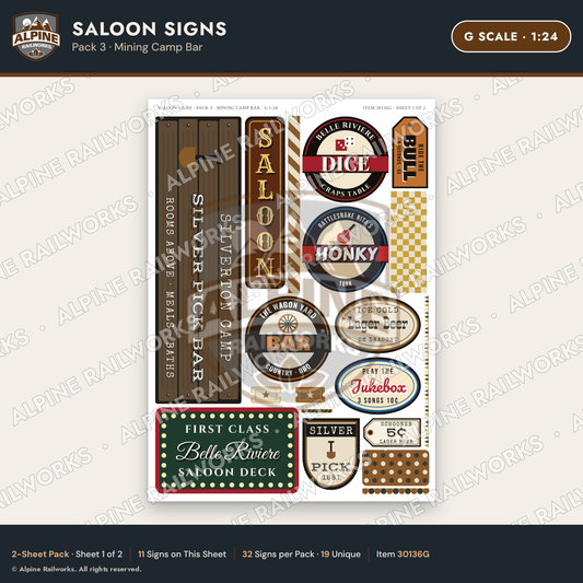 Alpine Railworks 30136G G Scale Saloon Signs - Mining Camp Bar