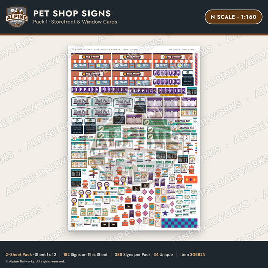 Alpine Railworks 30662N N Scale Pet Shop Signs - Storefront