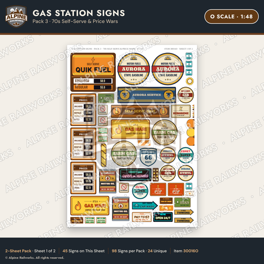 Alpine Railworks 30016O O Scale Gas Station Signs - 70s Self-Serve