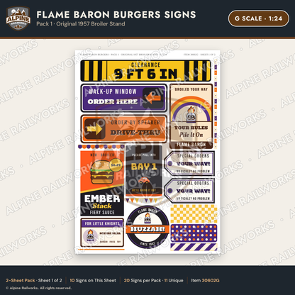 Alpine Railworks 30602G G Scale Fast Food Signs - Burgers
