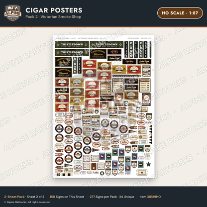 Alpine Railworks 30189HO HO Scale Cigar Posters - Victorian Smoke Shop
