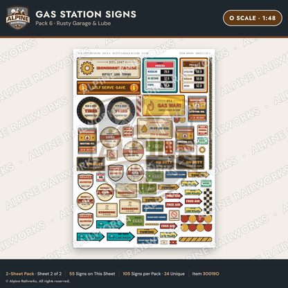 Alpine Railworks 30019O O Scale Gas Station Signs - Rusty Garage