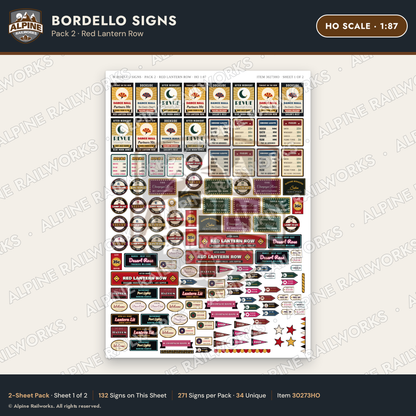 Alpine Railworks 30273HO HO Scale Bordello Signs - Red Lantern Row