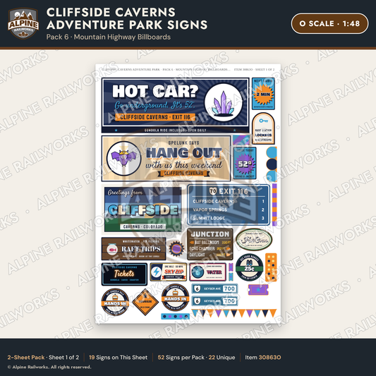 Alpine Railworks 30863O O Scale Roadside Signs - Cave Adventure Park