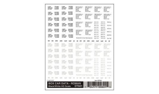 Woodland Scenics DT601 All Scale Box Car Data Roman Black/White HO