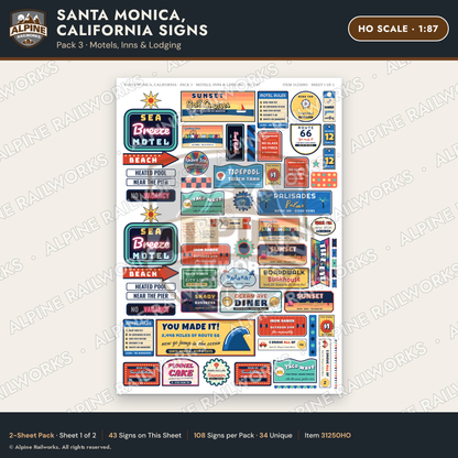Alpine Railworks 31250HO HO Scale Santa Monica CA Signs - Motels