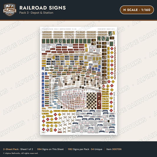 Alpine Railworks 30070N N Scale Railroad Signs - Depot & Station