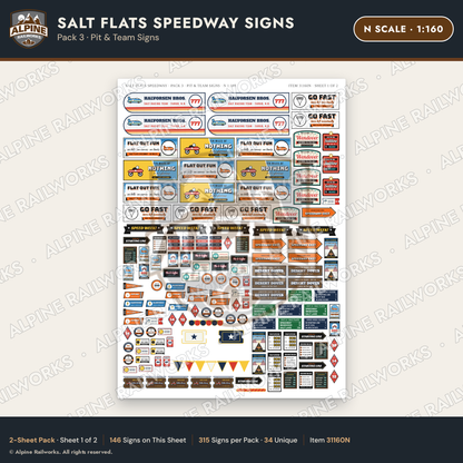 Alpine Railworks 31160N N Scale Racing Signs - Salt Flats Speedway