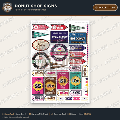 Alpine Railworks 30437G G Scale Donut Shop Signs - 24-Hour Donut Shop
