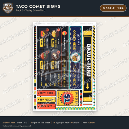 Alpine Railworks 30613G G Scale Fast Food Signs - Tacos