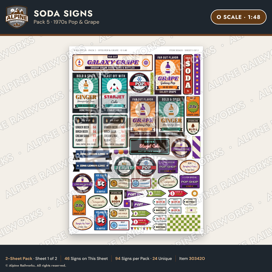Alpine Railworks 30342O O Scale Soda Signs - 1970s Pop & Grape
