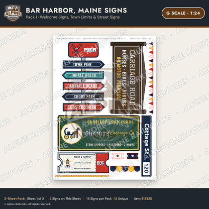 Alpine Railworks 31332G G Scale Bar Harbor ME Signs - Welcome Signs