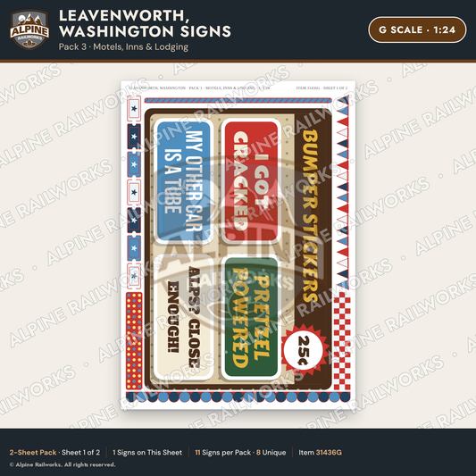 Alpine Railworks 31436G G Scale Leavenworth WA Signs - Motels & Inns