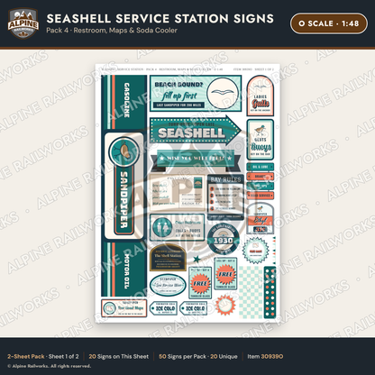 Alpine Railworks 30939O O Scale Roadside Signs - Seashell Gas Station