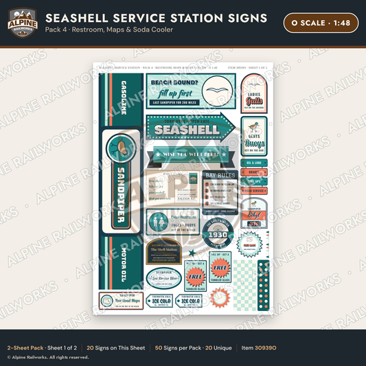 Alpine Railworks 30939O O Scale Roadside Signs - Seashell Gas Station