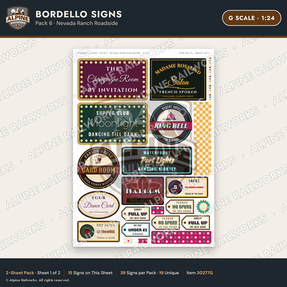 Alpine Railworks 30277G G Scale Bordello Signs - Nevada Ranch Roadside