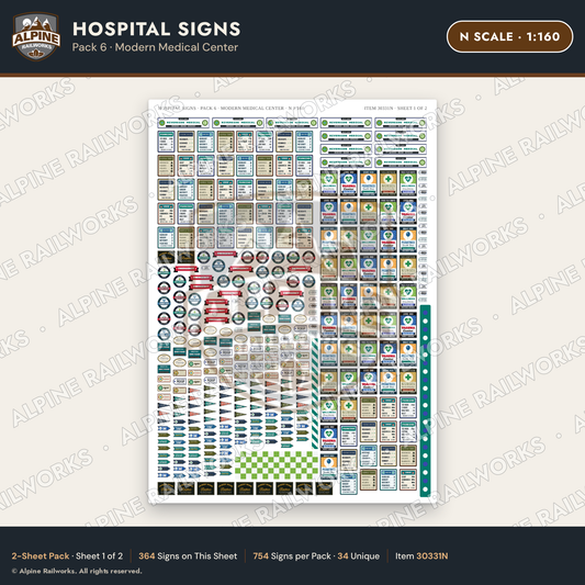 Alpine Railworks 30331N N Scale Hospital Signs - Modern Medical Center