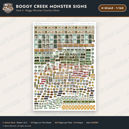 Alpine Railworks 30156N N Scale Boggy Creek Monster Signs