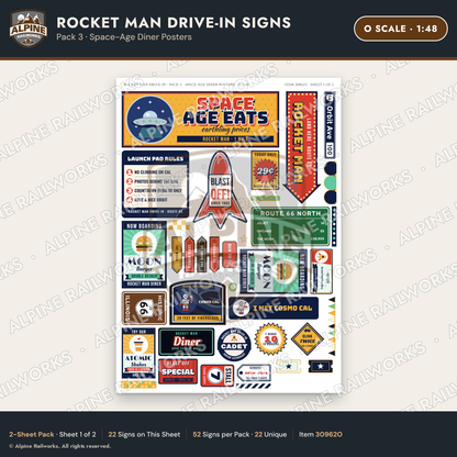Alpine Railworks 30962O O Scale Roadside Signs - Spaceman Drive-In