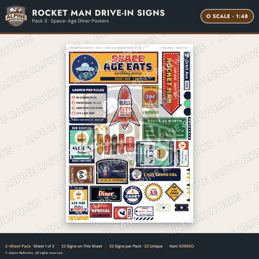Alpine Railworks 30962O O Scale Roadside Signs - Spaceman Drive-In