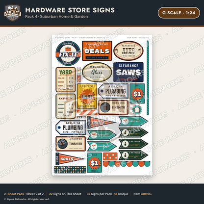 Alpine Railworks 30119G G Scale Hardware Store Signs - Suburban Home