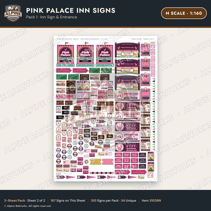 Alpine Railworks 31038N N Scale Roadside Signs - Pink Themed Motel