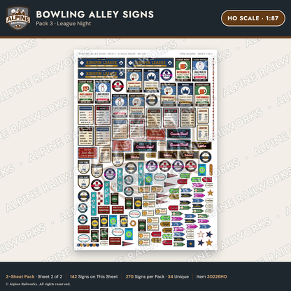 Alpine Railworks 30226HO HO Scale Bowling Alley Signs - League Night