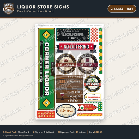 Alpine Railworks 30293G G Scale Liquor Store Signs - Corner Liquor