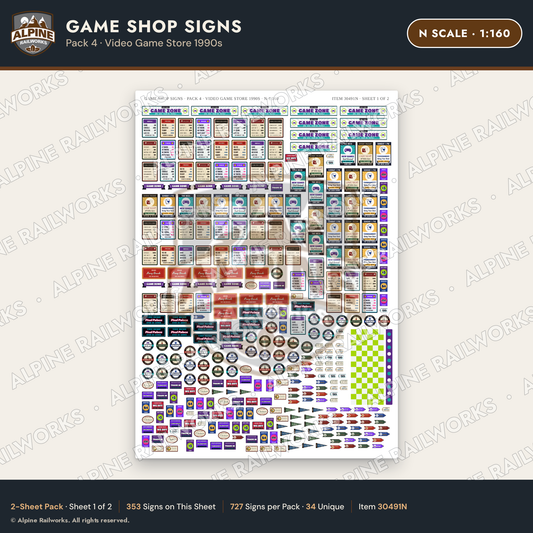 Alpine Railworks 30491N N Scale Game Shop Signs - Video Game Store