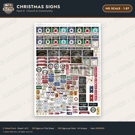 Alpine Railworks 30361HO HO Scale Christmas Signs - Church & Community