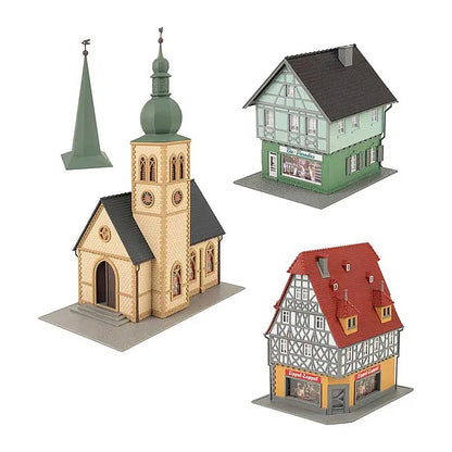 Faller 190038 HO Scale Village Life Set -- Kit - Church, 2 Town Buildings