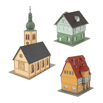 Faller 190038 HO Scale Village Life Set -- Kit - Church, 2 Town Buildings