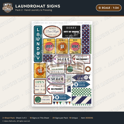 Alpine Railworks 30303G G Scale Laundromat Signs - Hand Laundry