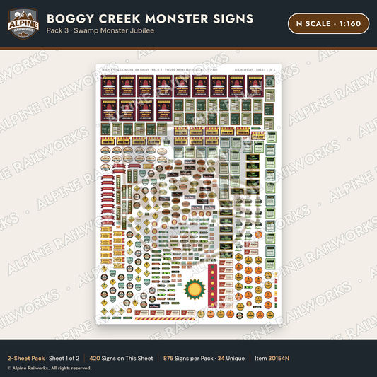 Alpine Railworks 30154N N Scale Boggy Creek Monster Signs