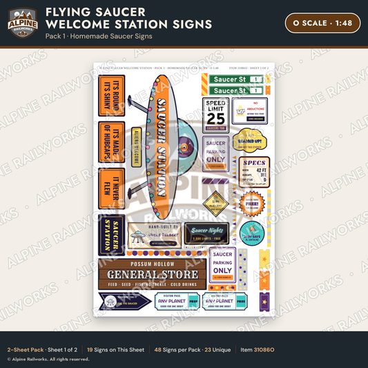 Alpine Railworks 31086O O Scale Roadside Signs - UFO Welcome Center