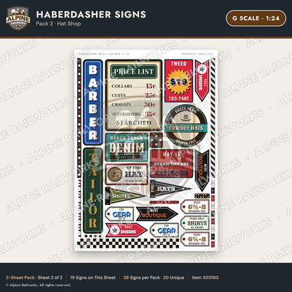 Alpine Railworks 30315G G Scale Haberdasher Signs - Hat Shop