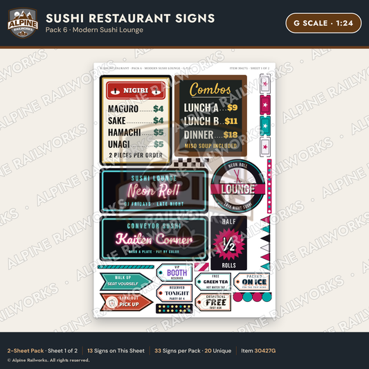 Alpine Railworks 30427G G Scale Sushi Restaurant Signs