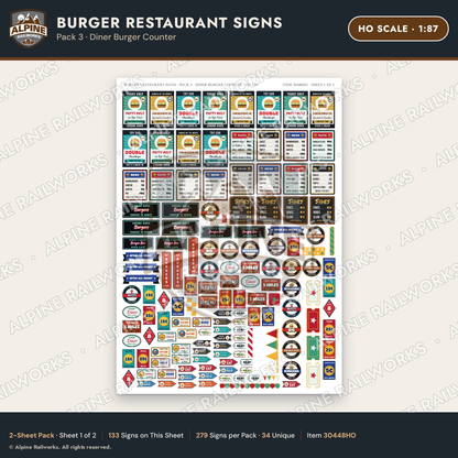 Alpine Railworks 30448HO HO Scale Burger Restaurant Signs