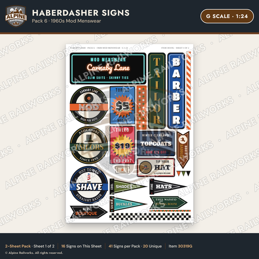 Alpine Railworks 30319G G Scale Haberdasher Signs - 1960s Mod Menswear