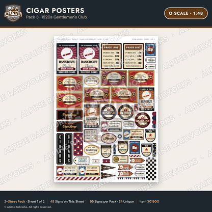 Alpine Railworks 30190O O Scale Cigar Posters - 1920s Gentlemen's Club