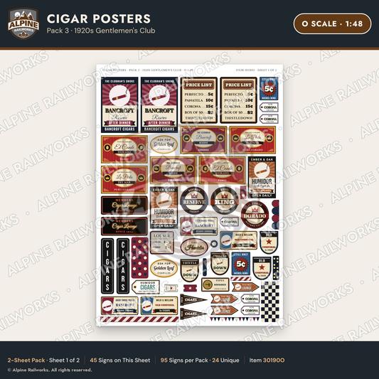 Alpine Railworks 30190O O Scale Cigar Posters - 1920s Gentlemen's Club